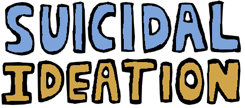 The text 'suicidal ideation' in bold capital letters with black outlines. the word 'suicidal' is blue, and the word 'ideation' is yellow.